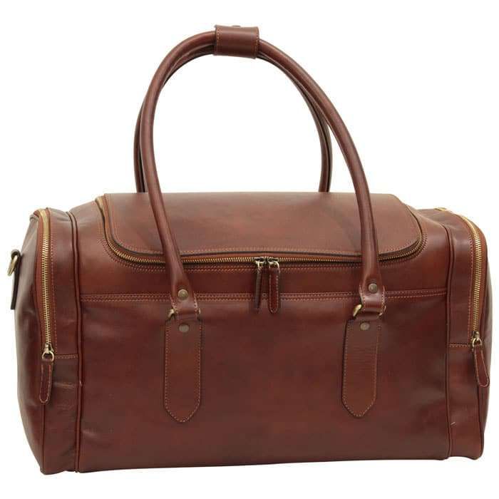 ROUND METAL ZIP LEATHER TRAVEL BAG - BROWN