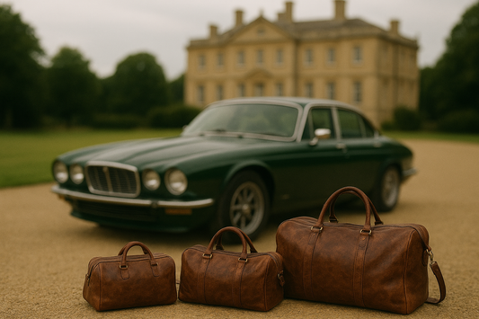 Luxury Leather Weekend Travel Bags for Men UK. Classic Leather Travel Bags in front of a British Racing Green Jaguar XJ-12C