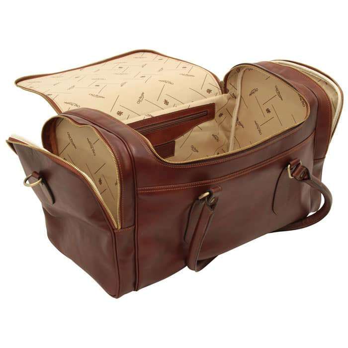 ROUND METAL ZIP LEATHER TRAVEL BAG - BROWN