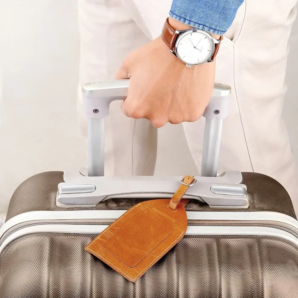 Hand holding a suitcase handle with a brown luggage tag, wearing a watch.