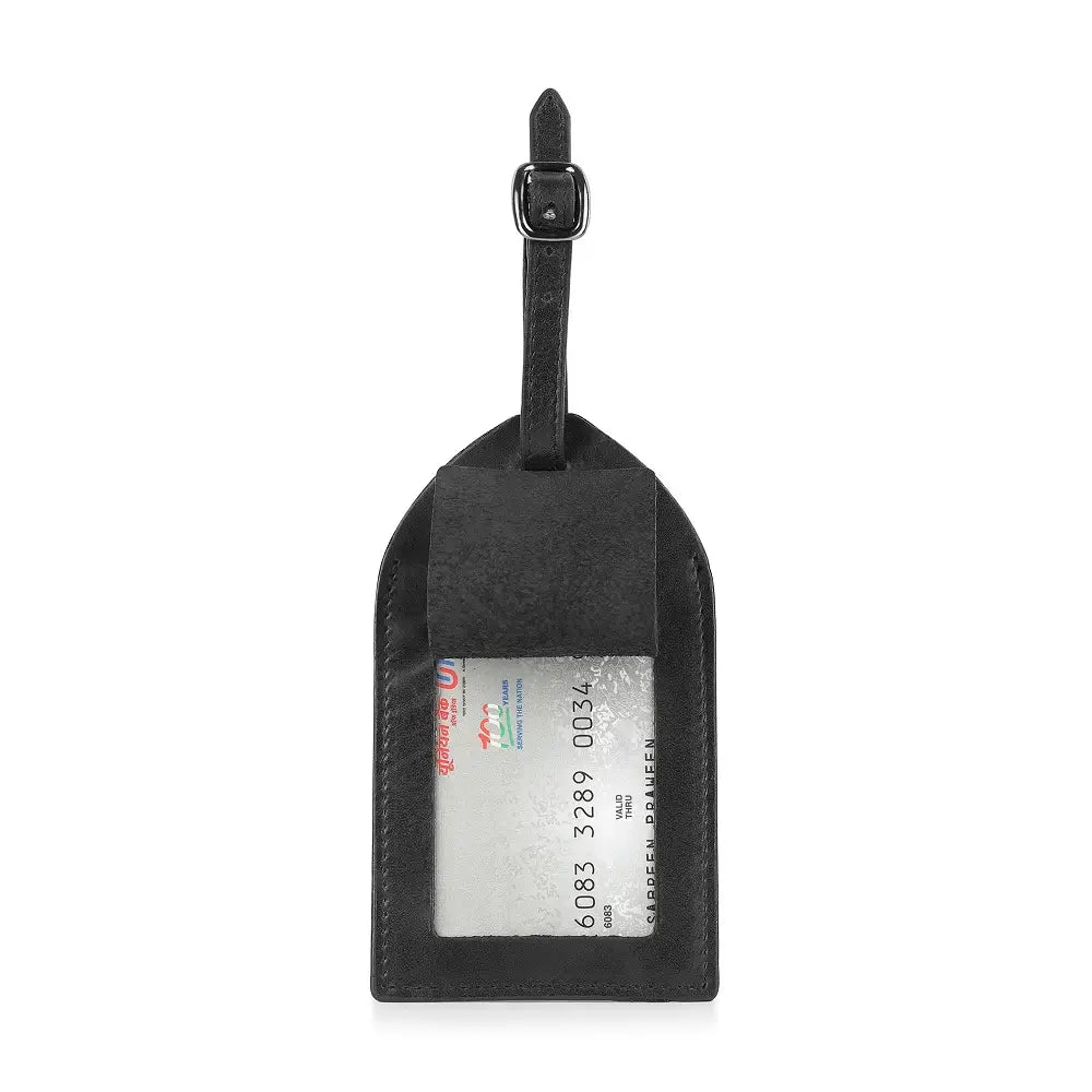 Black leather luggage tag with a card attached in a privacy flap on a white background