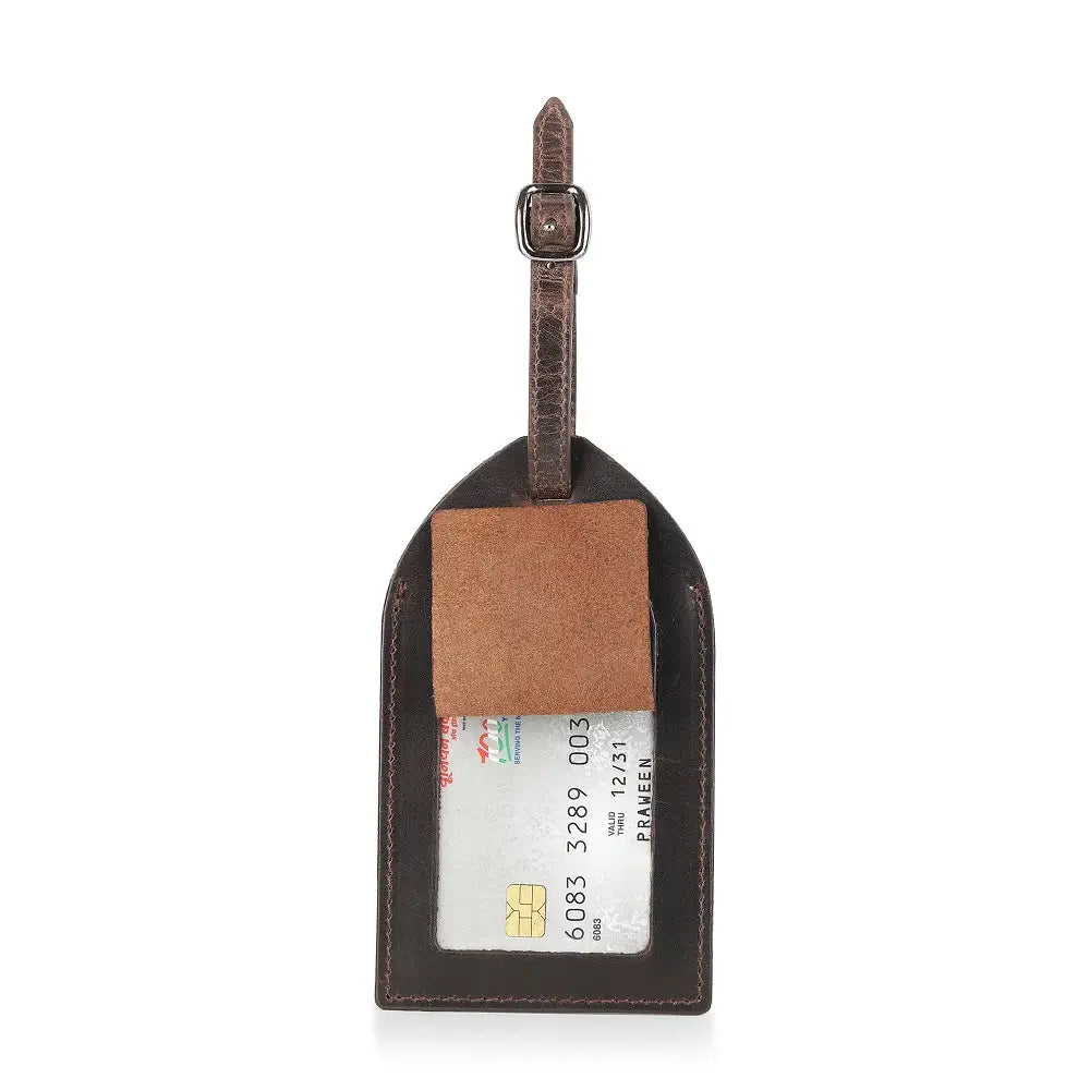 Brown leather luggage tag with a card attached in a privacy flap on a white background