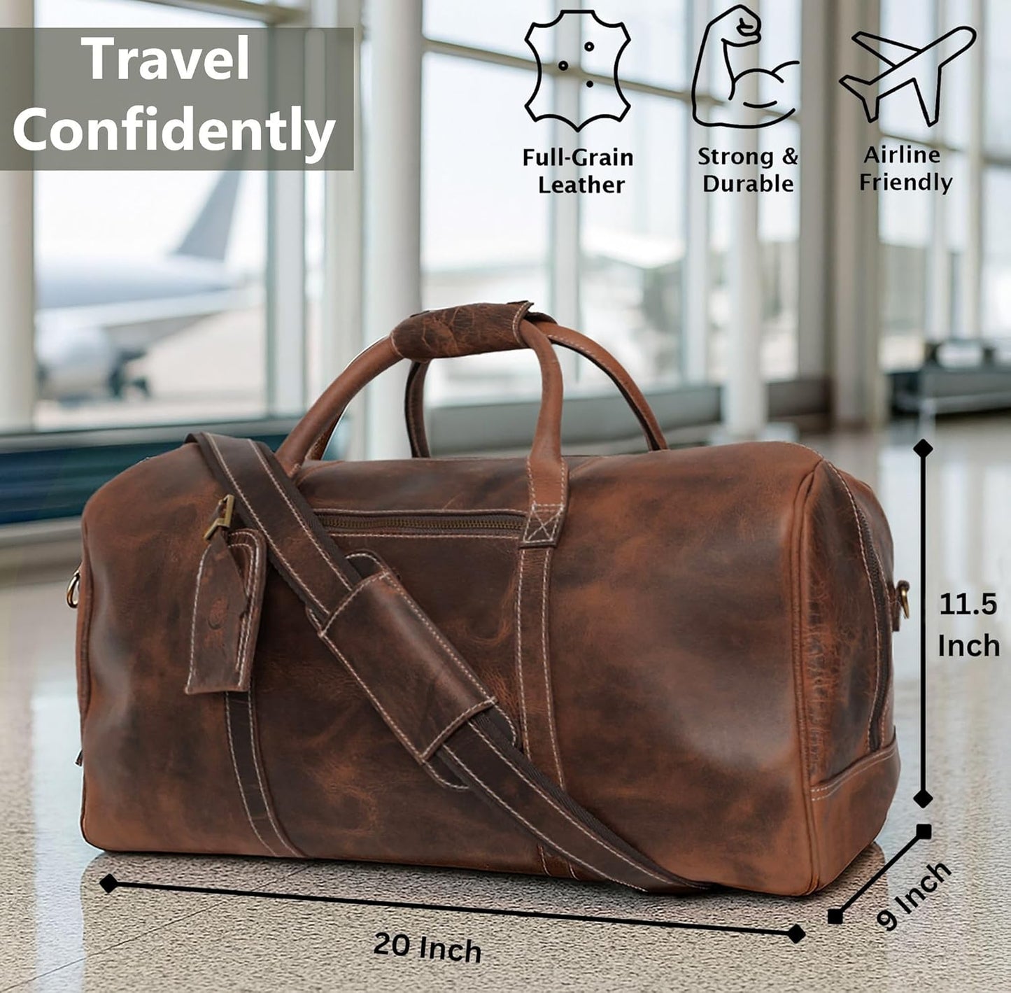Men's Leather Carry on Travel Duffle Bag