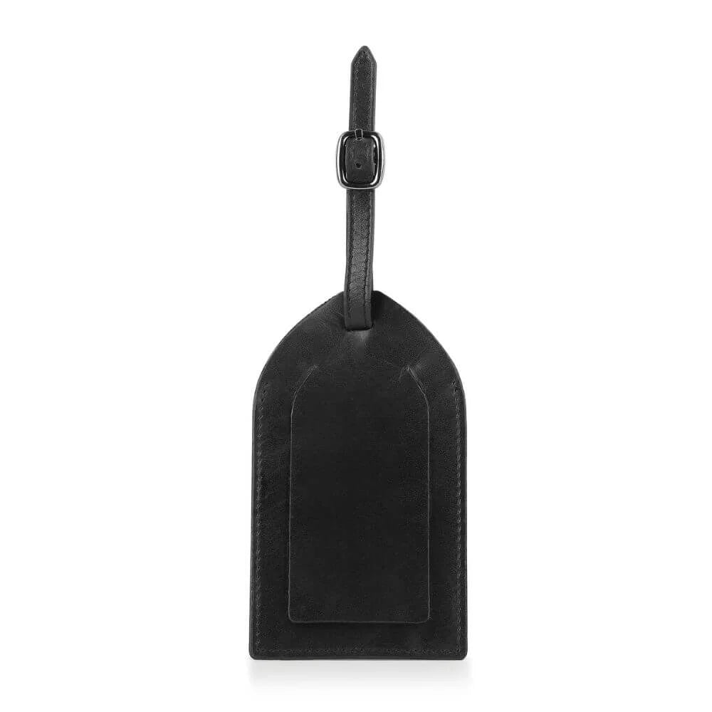 o	Luxury full-grain black leather luggage tag with privacy flap on a white background