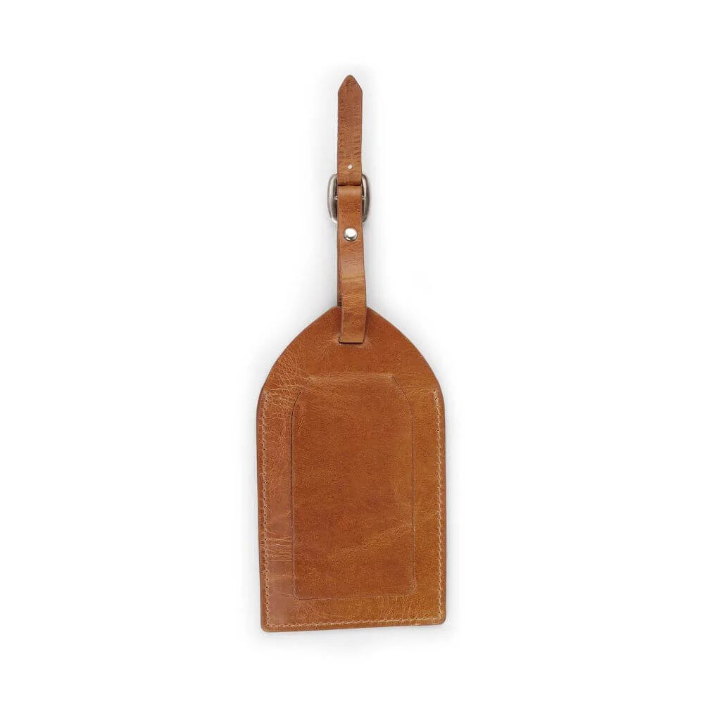 o	Luxury full-grain Brown leather luggage tag with privacy flap on a white Background